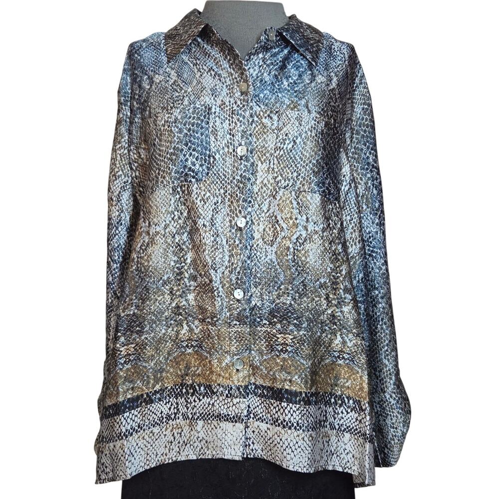 Satin Roll Tab Sleeve Animal Print Snakeskin Blouse Size XL